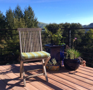 small wooden chair with striped green cushion