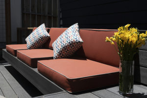 Red seat cushions and accent pillows