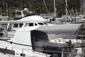 Hardtop Dodger side view with bimini extension and stanchions